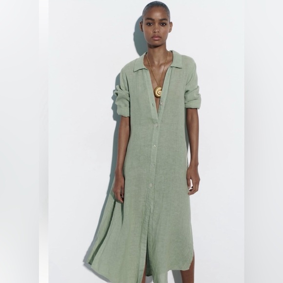 zara green linen shirt dress ZW COLLECTION SHORT SLEEVE SHIRT DRESS - Green